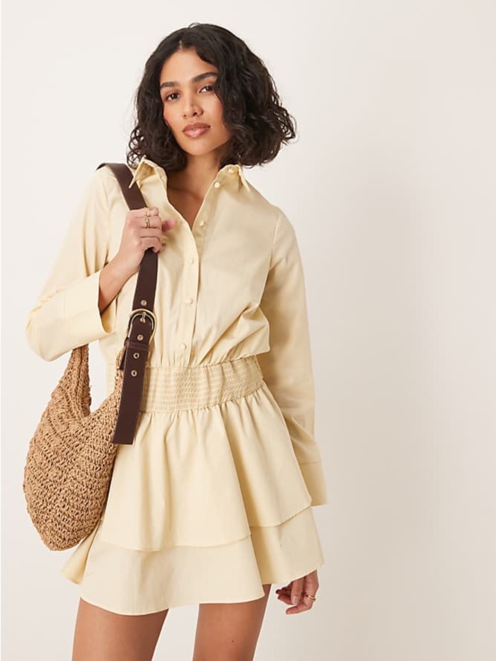 NWT ASOS DESIGN shirring detail shirt mini dress in stone, %100 cotton, Size US6